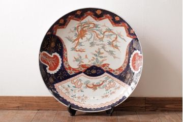 古民具・骨董　色絵　鮮やかな色使いが目を引く鳳凰紋の二尺大皿(絵皿、飾り皿)