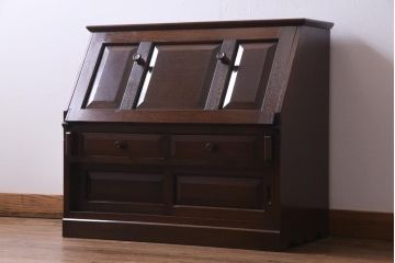 中古　ナラ無垢材　木目が魅力的な漆塗りのライティングビューロー(簿記机、在宅ワーク、在宅用デスク)(定価約30万円)
