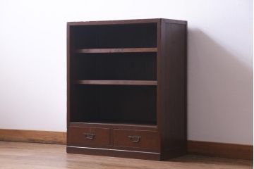レトロ家具　昭和初期　赤みがかった木の色合いがレトロな引き出し付き本棚(収納棚、ブックシェルフ)(1)
