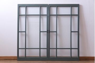 ペイント建具　チェッカーガラス・モールガラス　レトロシャビーな雰囲気漂うガラス戸2枚セット(窓)