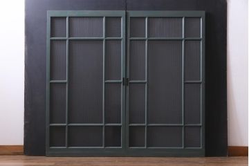 ペイント建具　チェッカーガラス・モールガラス　レトロシャビーな雰囲気漂うガラス戸2枚セット(窓)