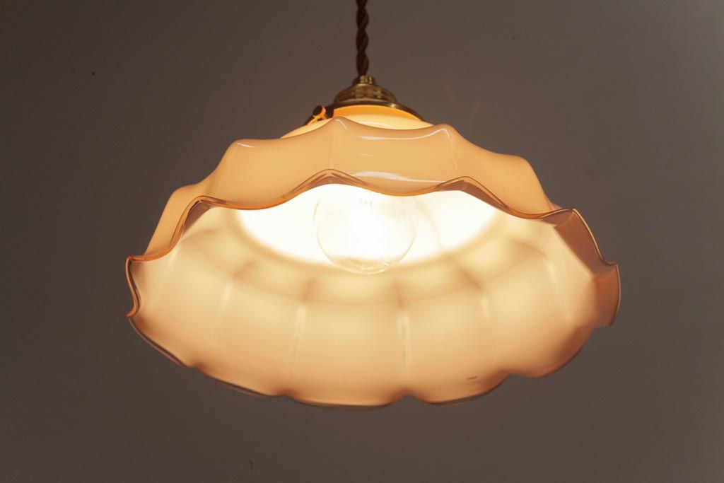 フランスアンティーク　柔らかな色合いが可愛らしいガラスシェードのペンダントライト(天井照明、吊り下げ照明)