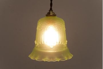 フランスアンティーク　淡いグリーンと花模様が可愛らしいペンダントライト(天井照明、吊り下げ照明)(1)