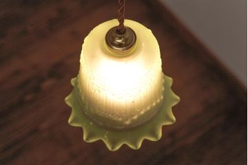 フランスアンティーク　淡いグリーンと花模様が可愛らしいペンダントライト(天井照明、吊り下げ照明)(1)