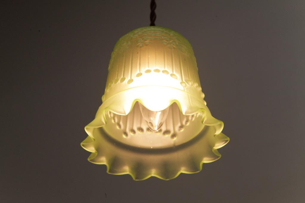 フランスアンティーク　淡いグリーンと花模様が可愛らしいペンダントライト(天井照明、吊り下げ照明)(1)