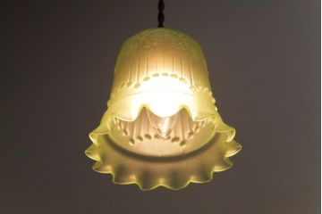 フランスアンティーク　淡いグリーンと花模様が可愛らしいペンダントライト(天井照明、吊り下げ照明)(1)