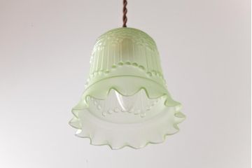 フランスアンティーク　淡いグリーンと花模様が可愛らしいペンダントライト(天井照明、吊り下げ照明)(1)