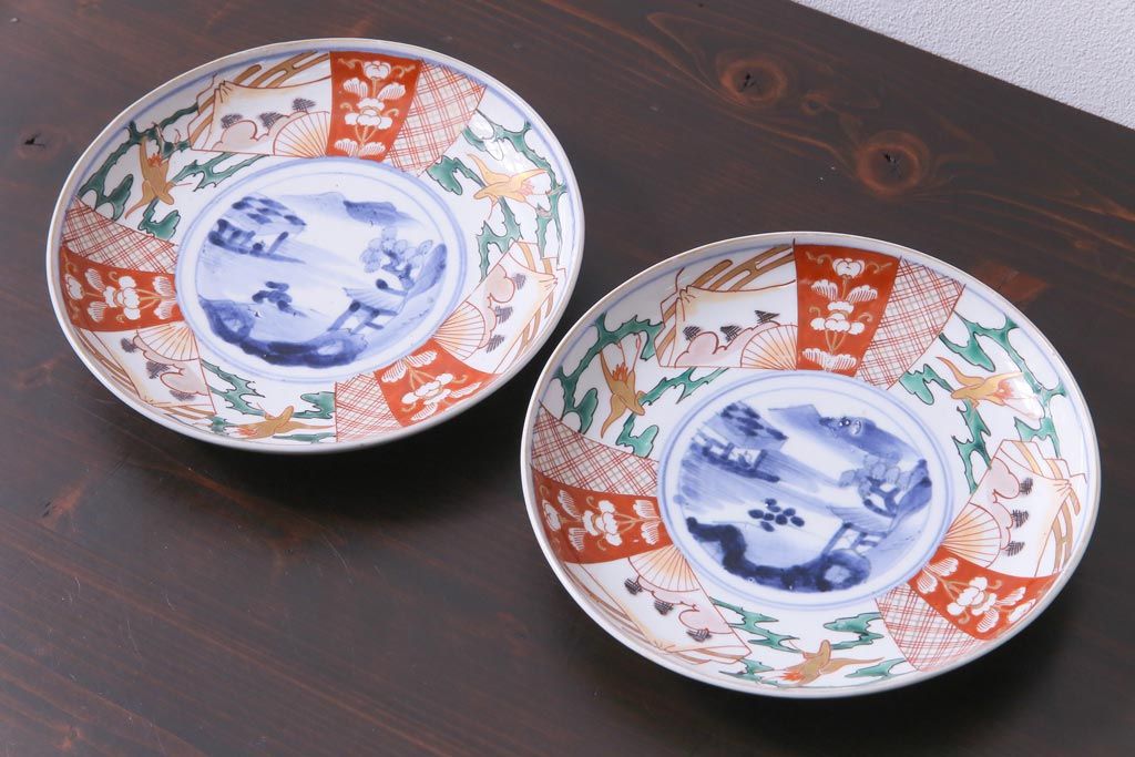 古民具・骨董　幕末明治期　山水図　色絵染付皿2枚セット(7寸皿、中皿)(1)