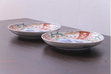 古民具・骨董　幕末明治期　山水図　色絵染付皿2枚セット(7寸皿、中皿)(1)