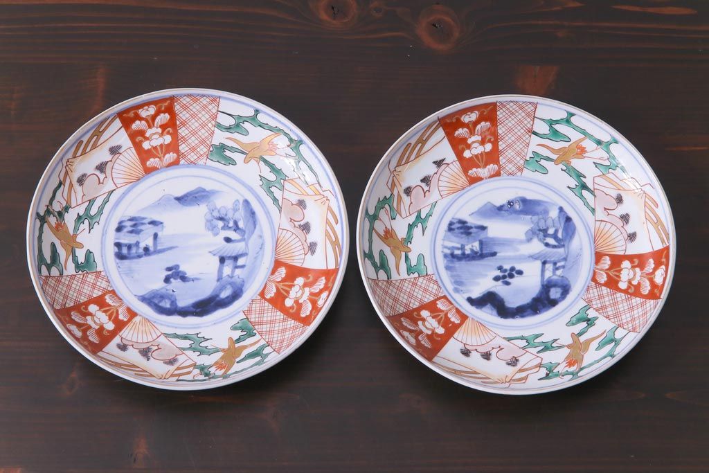 古民具・骨董　幕末明治期　山水図　色絵染付皿2枚セット(7寸皿、中皿)(1)