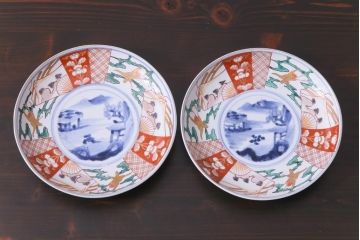古民具・骨董　幕末明治期　山水図　色絵染付皿2枚セット(7寸皿、中皿)(1)