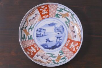 古民具・骨董　幕末明治期　山水図　色絵染付皿2枚セット(7寸皿、中皿)(1)