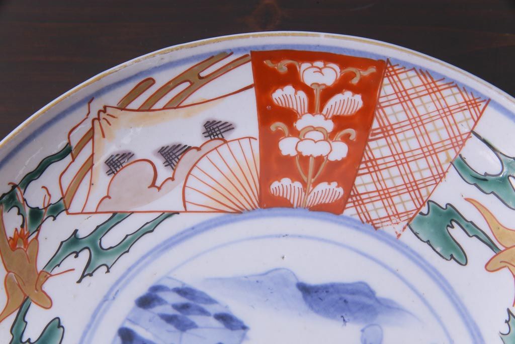 古民具・骨董　幕末明治期　山水図　色絵染付皿2枚セット(7寸皿、中皿)(1)