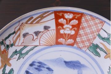 古民具・骨董　幕末明治期　山水図　色絵染付皿2枚セット(7寸皿、中皿)(1)