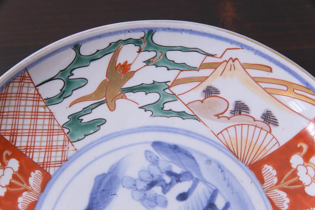 古民具・骨董　幕末明治期　山水図　色絵染付皿2枚セット(7寸皿、中皿)(1)