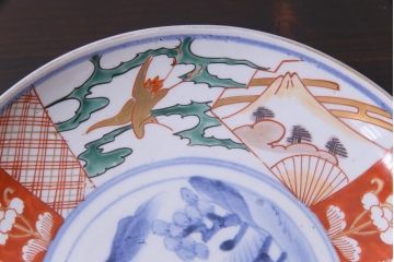 古民具・骨董　幕末明治期　山水図　色絵染付皿2枚セット(7寸皿、中皿)(1)