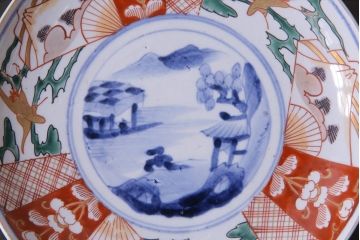 古民具・骨董　幕末明治期　山水図　色絵染付皿2枚セット(7寸皿、中皿)(1)
