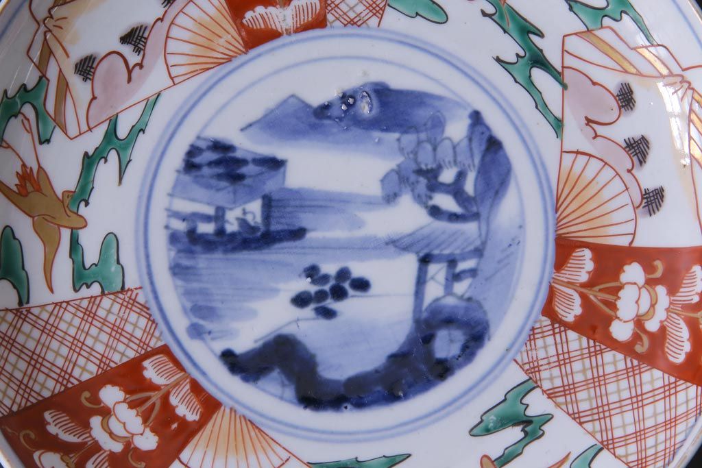 古民具・骨董　幕末明治期　山水図　色絵染付皿2枚セット(7寸皿、中皿)(1)