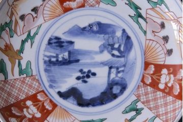 古民具・骨董　幕末明治期　山水図　色絵染付皿2枚セット(7寸皿、中皿)(1)