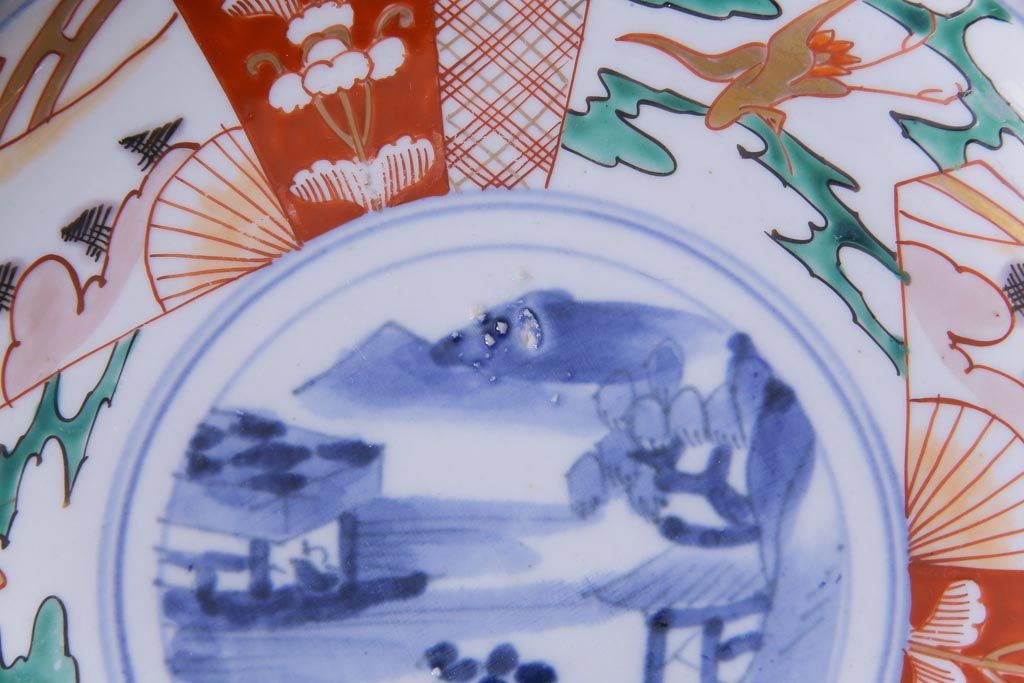 古民具・骨董　幕末明治期　山水図　色絵染付皿2枚セット(7寸皿、中皿)(1)