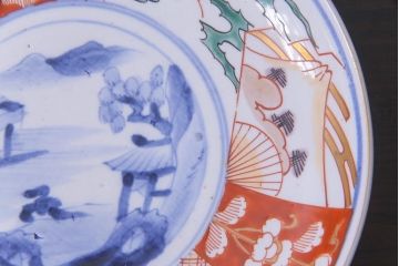 古民具・骨董　幕末明治期　山水図　色絵染付皿2枚セット(7寸皿、中皿)(1)