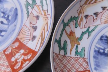 古民具・骨董　幕末明治期　山水図　色絵染付皿2枚セット(7寸皿、中皿)(1)