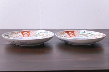 古民具・骨董　幕末明治期　山水図　色絵染付皿2枚セット(7寸皿、中皿)(1)