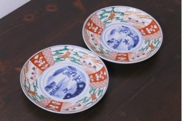 古民具・骨董　幕末明治期　山水図　色絵染付皿2枚セット(7寸皿、中皿)(2)