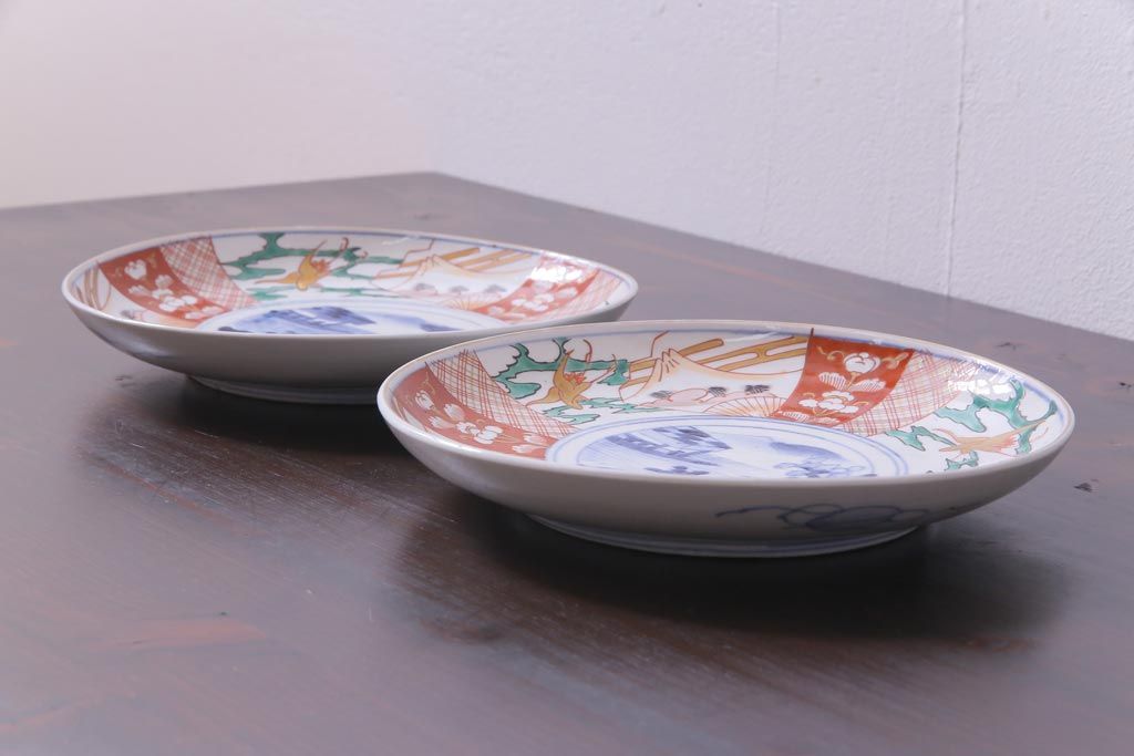 古民具・骨董　幕末明治期　山水図　色絵染付皿2枚セット(7寸皿、中皿)(2)