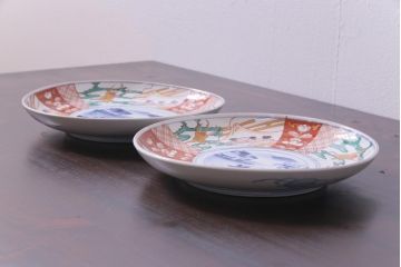 古民具・骨董　幕末明治期　山水図　色絵染付皿2枚セット(7寸皿、中皿)(2)