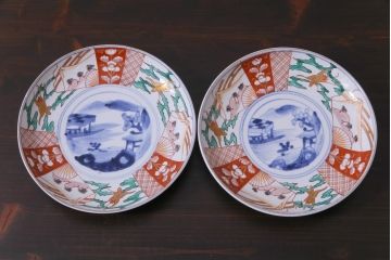 古民具・骨董　幕末明治期　山水図　色絵染付皿2枚セット(7寸皿、中皿)(2)