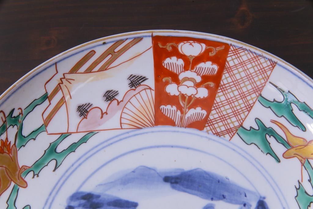 古民具・骨董　幕末明治期　山水図　色絵染付皿2枚セット(7寸皿、中皿)(2)