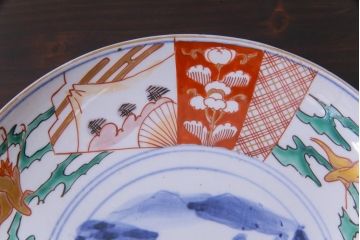 古民具・骨董　幕末明治期　山水図　色絵染付皿2枚セット(7寸皿、中皿)(2)