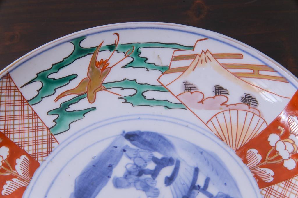 扇型皿 青磁に染付 山水図 幕末骨董 旧家蔵出し コレクター放出美品 古美術品 扇型皿 青磁に染付 山水図 幕末骨董 旧家蔵出し コレクター放出美