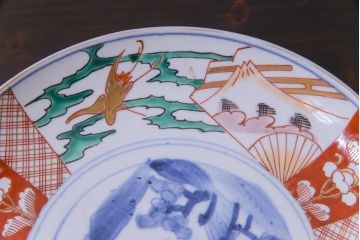 古民具・骨董　幕末明治期　山水図　色絵染付皿2枚セット(7寸皿、中皿)(2)