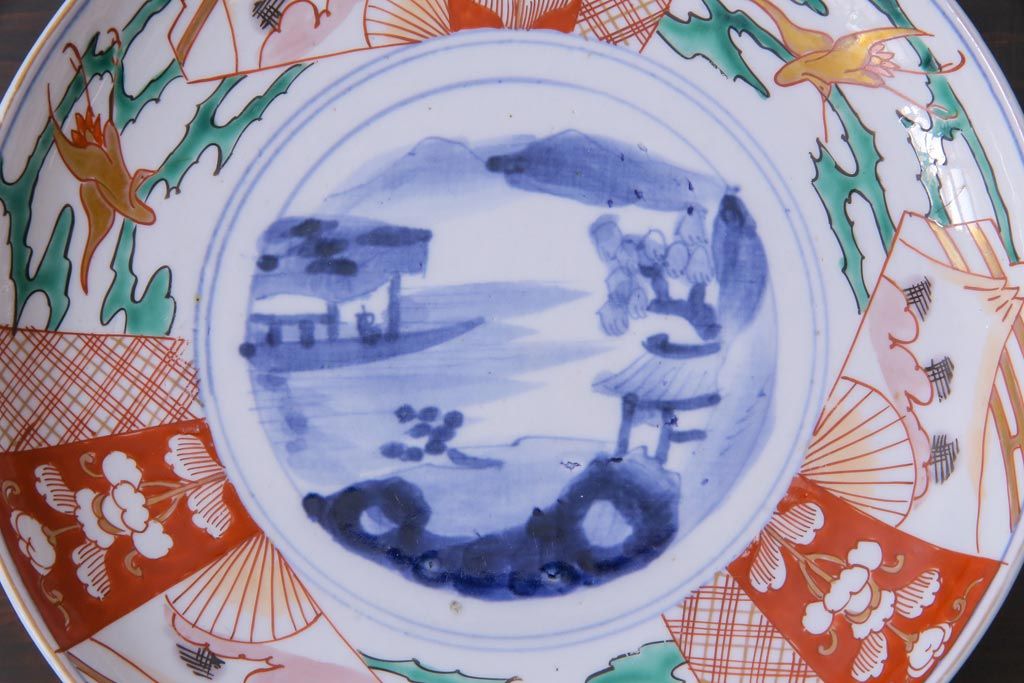 99『染付 赤絵 山水 大皿』　/骨董品 古美術 アンティーク 古玩 骨董品 古九谷 九谷焼 金彩染付 帆舟・楼閣山水図 大皿
