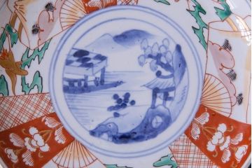 古民具・骨董　幕末明治期　山水図　色絵染付皿2枚セット(7寸皿、中皿)(2)