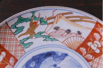 古民具・骨董　幕末明治期　山水図　色絵染付皿2枚セット(7寸皿、中皿)(2)