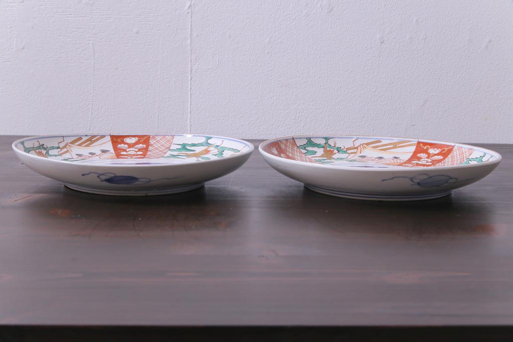 古民具・骨董　幕末明治期　山水図　色絵染付皿2枚セット(7寸皿、中皿)(2)