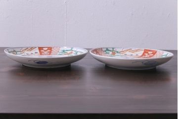 古民具・骨董　幕末明治期　山水図　色絵染付皿2枚セット(7寸皿、中皿)(2)