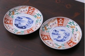 古民具・骨董　幕末明治期　山水図　色絵染付皿2枚セット(7寸皿、中皿)(2)