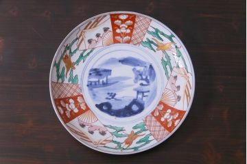 古民具・骨董　幕末明治期　山水図　色絵染付皿2枚セット(7寸皿、中皿)(2)