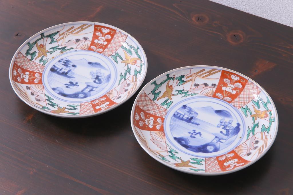 古民具・骨董　幕末明治期　山水図　色絵染付皿2枚セット(7寸皿、中皿)(3)