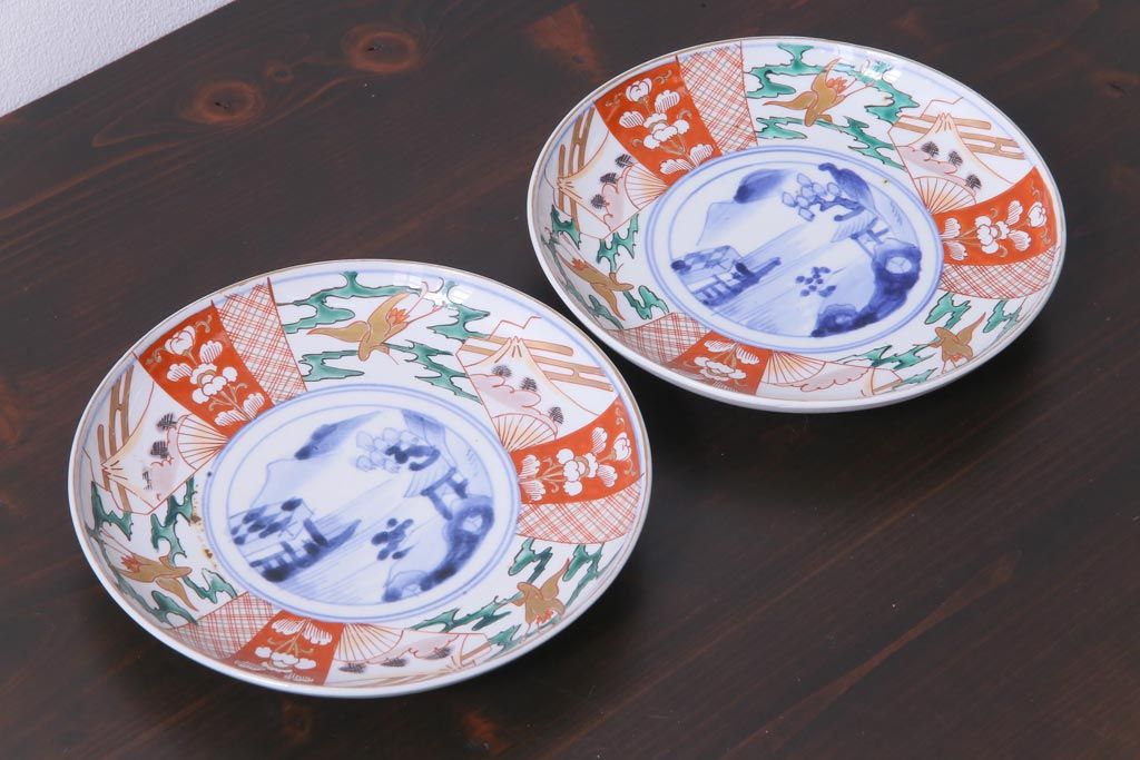 古民具・骨董　幕末明治期　山水図　色絵染付皿2枚セット(7寸皿、中皿)(3)