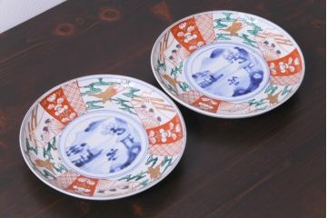 古民具・骨董　幕末明治期　山水図　色絵染付皿2枚セット(7寸皿、中皿)(3)