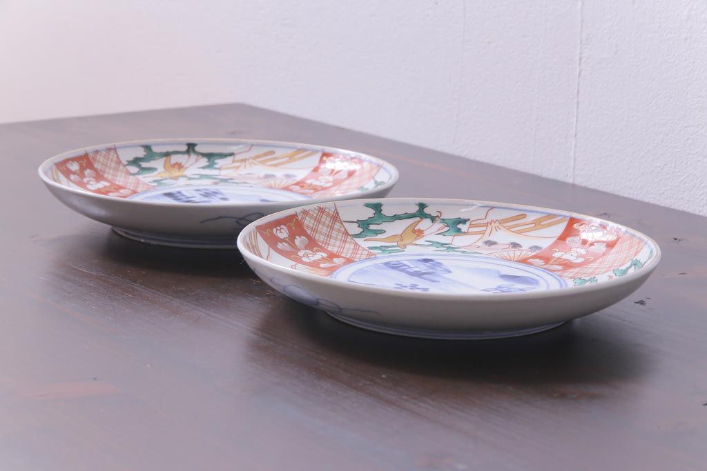 古民具・骨董　幕末明治期　山水図　色絵染付皿2枚セット(7寸皿、中皿)(3)