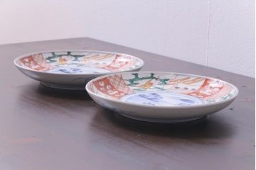 古民具・骨董　幕末明治期　山水図　色絵染付皿2枚セット(7寸皿、中皿)(3)