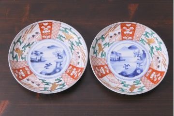 古民具・骨董　幕末明治期　山水図　色絵染付皿2枚セット(7寸皿、中皿)(3)
