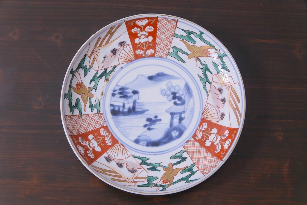 古民具・骨董　幕末明治期　山水図　色絵染付皿2枚セット(7寸皿、中皿)(3)