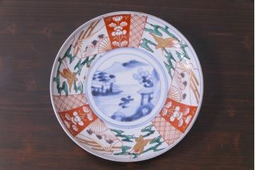 古民具・骨董　幕末明治期　山水図　色絵染付皿2枚セット(7寸皿、中皿)(3)
